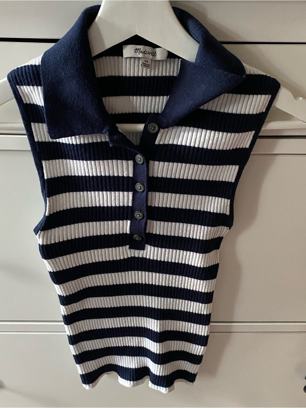 Madewell Navy & White Striped Ribbed Sleeveless Polo